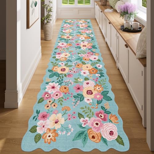 DUKINO 2x8 Washable Runner Rug, Floral Non Slip Kitchen Runner Rug, Teal by DUKINO