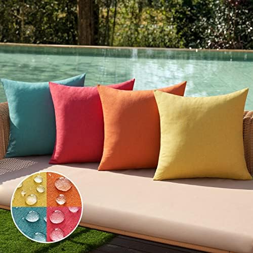 MIULEE Pack of 4 Decorative Outdoor Throw Pillow Covers Linen Waterproof Pillow Covers Summer Farmhouse Cushion Cases for Patio Garden Tent Balcony Couch Sofa 18x18 Inch Red/Turquoise by MIULEE