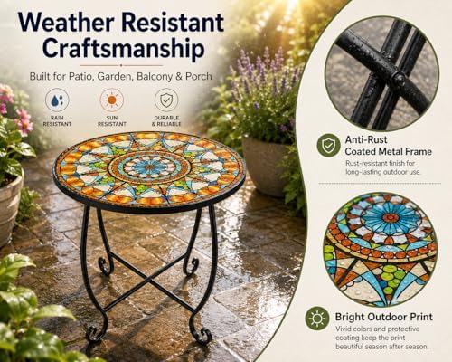 Small Mosaic Outdoor Side Table, 14-Inch Round Metal Patio Table - Image 5