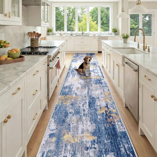 RELEANY Washable Runner 2'6"x12' Abstract Area Rug for Hallway Blue Gold by RELEANY