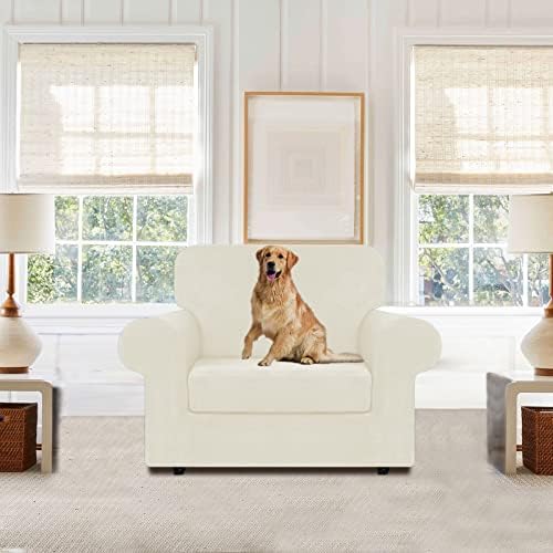 WEERRW Stretch Chair Sofa Slipcover - 2 Pieces Luxury Soft Plush Couch Cover Furniture Protector with Elastic Bottom for Pets, Machine Washable, Ivory, Small - Image 2