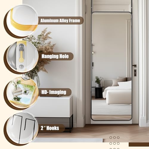 Antok Over The Door Mirror Full Length, 49'' x 14''Wall Mounted Hanging Mirror, Aluminum Alloy Frame, Shatterproof Glass, No Drill Installation for Bedroom, Closet, Bathroom, Dorm, Round Corner,Gold - Image 5
