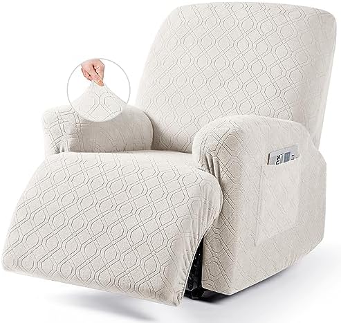 VANSOFY Oversized Recliner Chair Cover, 4-Pieces Stretch Recliner Covers for Recliner Chair Soft Reclining Chair Slipcover Jacquard Pattern Furniture Protector for Dogs Cats(Off White) by VANSOFYFURNITURECOVERS
