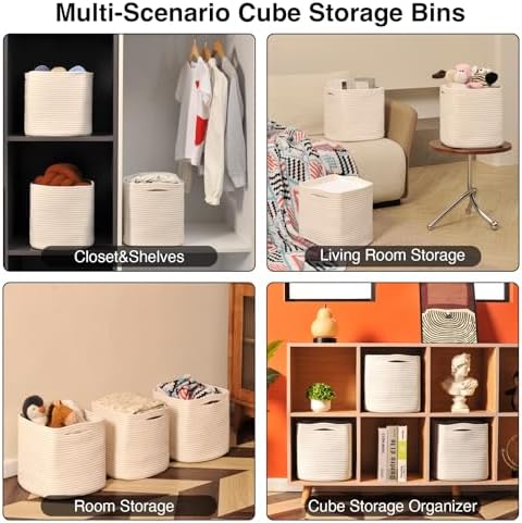 ICERZCZ 11 Inch Cube Storage Bins, Organizer Bins, Woven Cotton Rope Baskets for Storage, Storage Baskets for Organizing Shelves, White Basket for Toys, Off White (Pack of 3) - Image 4