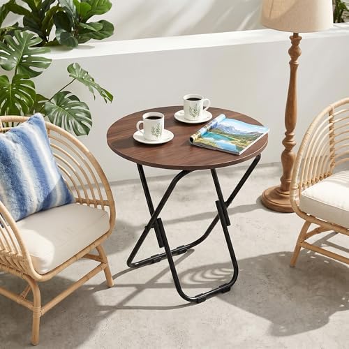 VECELO 17.7" Small Folding Table, Round Patio Outdoor Side Snack Table, Waterproof Wood End Table with Anti-Rust Metal Legs for Living Room Bedroom Garden Yard Balcony Porch - Image 5