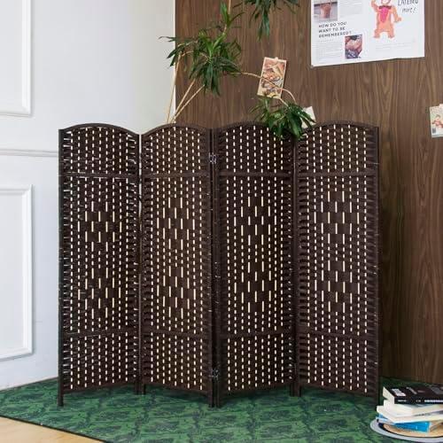 Furnnylane 4 Panel Dark Brown Rattan Room Divider, 47.2" Low Height Double-Sided Folding Privacy Screen, Freestanding Partition Wall for Home Office or Bedroom - Keeps Your Space Open & Airy - Image 3