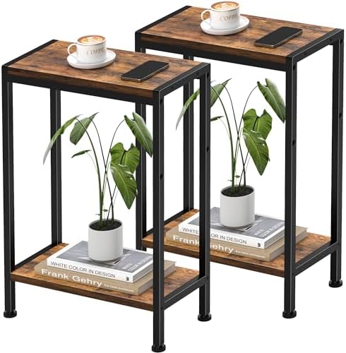 Narrow Side Table set of 2 for Small Space, 2-Tier Slim End Table, Thin Nightstand, Skinny Snack Couch Table, Sofa bedside Table in Living Room, Bedroom, Study, Kitchen and Balcony (Rustic Brown) by HOME