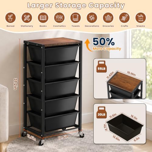 Rolling Cart with 5 Drawers, Plastic Drawer Storage Carts with Wheels & Wooden Tabletop, Metal Utility Cart for Office Bedroom Living Room Classroom, Craft Organization and Storage, Black - Image 3