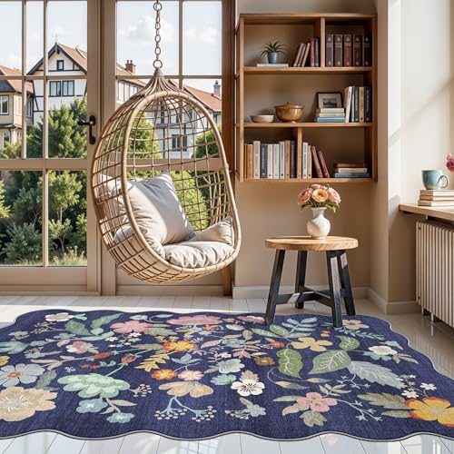 4x6 Living Room Area Rugs: Washable Boho Bedside Rug Non-Slip Floral Small Low Pile Carpet for Kitchen Bedroom Non-Shedding Floor Mat for Kids Room Office Durable Mat for High traffic Area(4x6，Purple) - Image 2
