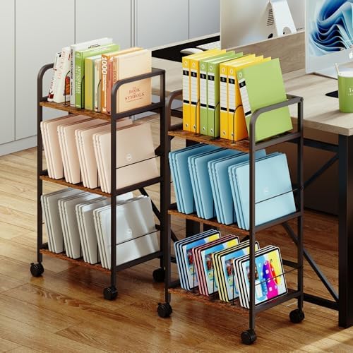 Feyejade Rolling Book Cart with Removable Dividers, 3-Tier File Cart with Wheels, Utility Storage Rack for Office, Home, Classroom, Art Supply Organizer, Binder and Laptop Shelf Rack by Feyejade