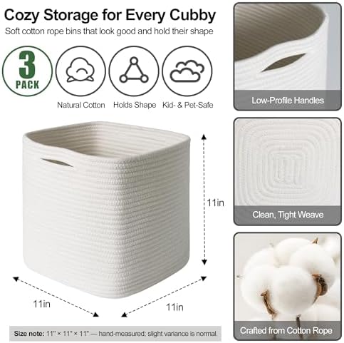 11x11x11 Cube Storage Bin - 3 Pack Woven Storage Cubes Organizer, 11 Inch White Cotton Rope Baskets for Organizing, Square Baskets for Shelves, Nursery Closet Bins, Cubby Toy Box Organizer - Image 2