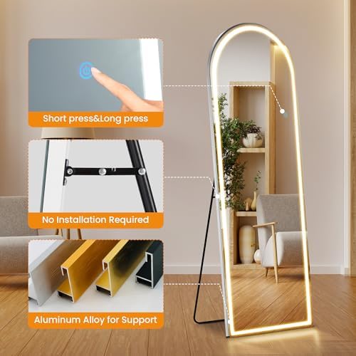 LED Arched Full Length Mirror, 63" L x 20" W Full Standing Mirror - Image 4