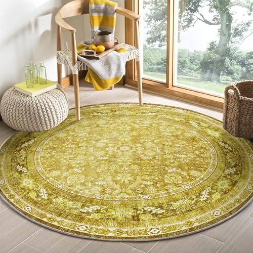 OPPODREAM Vintage Yellow Area Rugs 5' Round, Washable Rug for Living Room by OPPODREAM