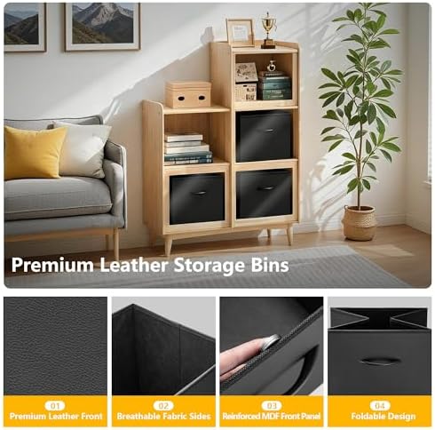 WUIKE 13 Inch Cube Storage Bins, Black, Faux Leather Front, 4-Pack - Image 3