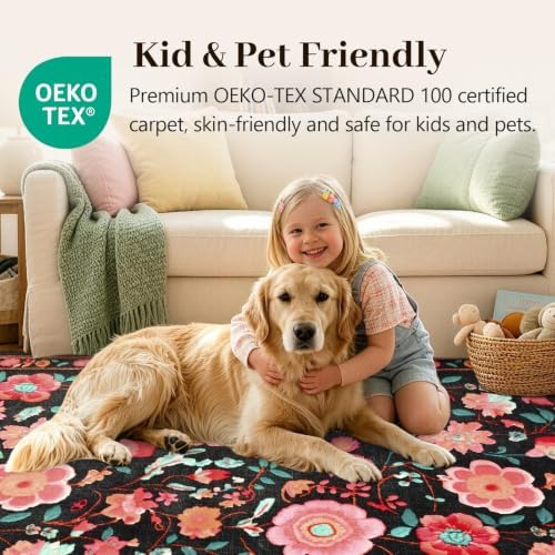 9x12 Ft Washable Area Rug for Living Room Black Vintage Floral Carpet - Image 5