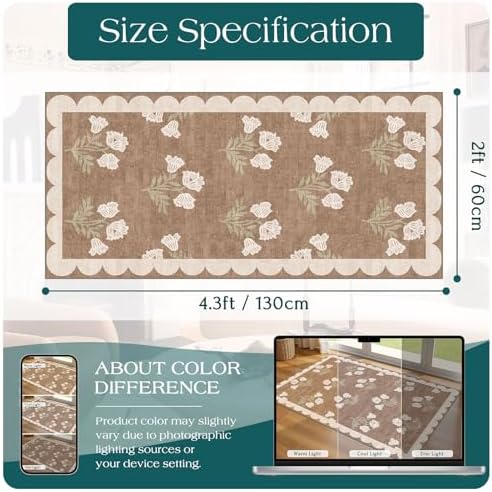 Front Door Mat Indoor Entrance, 2x4.3 Tan Boho Floral Farmhouse Rug - Image 2