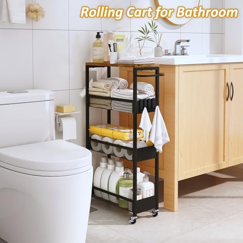 Vincona 7.1" Wide Slim Rolling Utility Cart, 4 Tier Metal Narrow Storage Cart with Handle and Wood Top, Multifunctional Small Mobile Shelf Unit Organizer Trolley for Laundry, Bathroom, Kitchen - Image 5