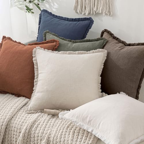 MIULEE Linen Fringe Decorative Fall Euro Throw Pillow Covers Coffee 24x24 - Image 6