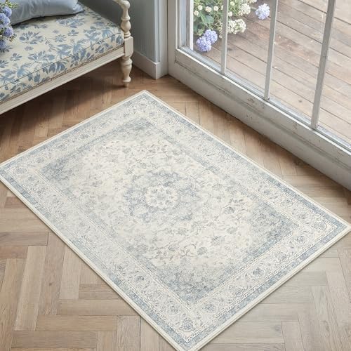 2x3 Blue Washable Area Rug Non Slip Vintage Carpet - Image 3