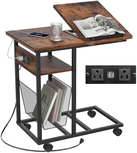 FLYJOE End Table C Shape with Charge Station, Tilting Top Side Table with Magazine Holder and Lockable Wheels, Easy Assembly for Living Room, Bedroom, Industrial Style, Rustic Brown by FLYJOE
