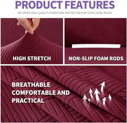ZNSAYOTX Super Stretch Loveseat Covers (57"-70"), New Striped Love Seat Slipcover, Dogs Pet Friendly Anti-Slip Couch Protector Spandex Durable 2 Seater Fabric Sofa Cover (Wine Red, Loveseat) - Image 3