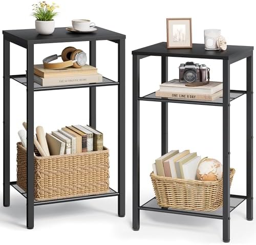 Hoctieon 2-Set 3 Tier End Table, Telephone Table Set of 2, Tall Side Table with Storage Set of 2, Small Nightstand for Small Spaces, Metal Frame, for Living Room, Bedroom, Sofa Couch, Black by Hoctieon
