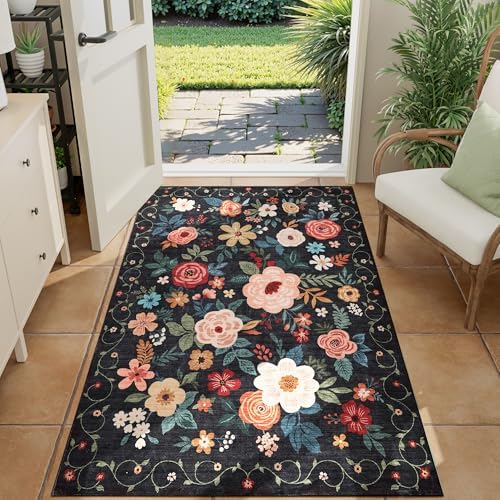 DUKINO 3x4 Area Rug, Floral Washable Rug for Kitchen Non Slip, Black - Image 4