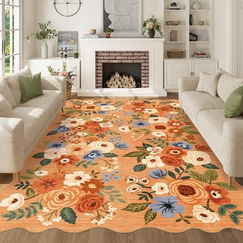 DUKINO 6x9 Area Rugs, Floral Washable Rug for Living Room Non Slip, Orange by DUKINO