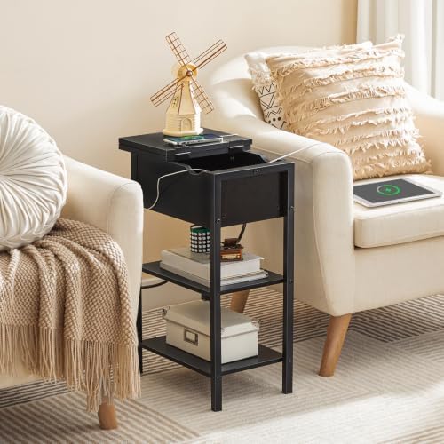 HOOBRO Side Table, Flip End Table with Charging Station and Shelves, USB Ports & Power Outlets, Narrow Nightstand for Small Spaces, Stable and Sturdy, for Living Room, Black BK341BZ01 - Image 5