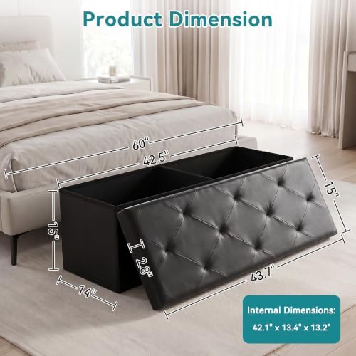 OLIXIS 43 Inch Folding Storage Ottoman Bench, Black Ottoman with Storage - Image 3