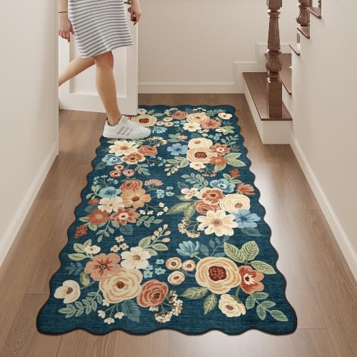 DUKINO 2x4 Rug for Entryway, Floral Washable Kitchen Rugs, Prussian Blue - Image 5