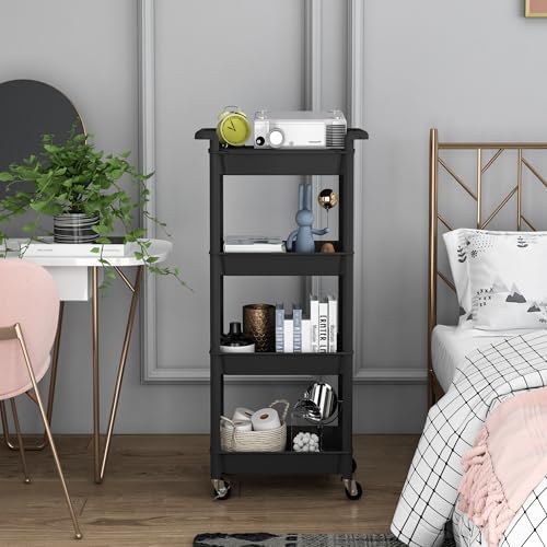 STEEHOOM 4 Tier Rolling Cart with Handle, Utility Cart with Table Top Easy Assembly Bathroom Storage Cart on Wheels for Office, Living Room, Kitchen, Craft Room, Black - Image 6