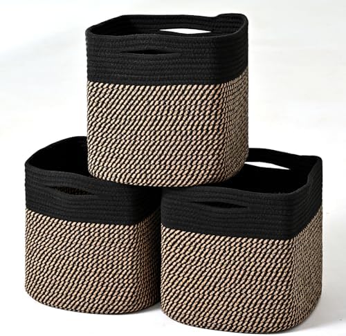11 Inch Cube Storage Bins, 11x11 Cube Storage Bins for Cube Organizer, Square Cloth Storage Cubes, Woven Storage Baskets for Shelves, Toy Baskets Storage Kids, Black & Jute (Pack of 3) by Unknown