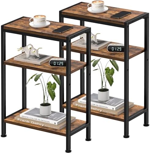 Narrow Side Table set of 2 for Small Space, 3 Tier Slim End Table, Thin Nightstand, Skinny Snack Couch Table, Sofa bedside Table in Living Room, Bedroom, Study, kitchen and Balcony (Rustic Brown) by HOME