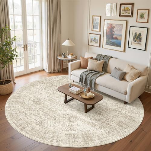 Soalmost Round Rugs 8ft Living Room Circle Area Rug 8x8 Beige Vintage by Soalmost
