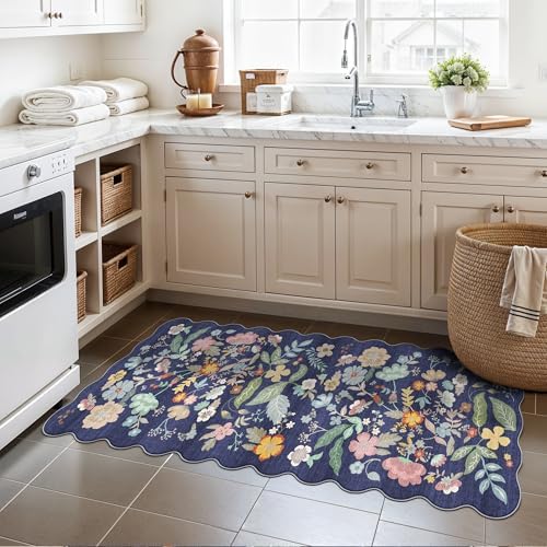 2x5 Washable Hallway Runner Rug: Stain Resistant Floral Scalloped Kitchen Rug Farmhouse Soft Carpet for Bathroom Bedroom Laudry Entryway Floor Mat with Non Slip Backing Cute Home Decor(2x5,Purple) - Image 2