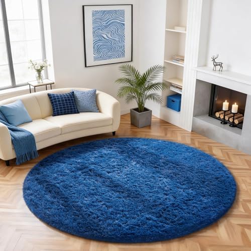Ophanie Round Rug 6Ft Blue Circle Area Rug, Boys Room Decor, Fluffy Fuzzy Bedroom Carpet, Plush Soft Shaggy Living Room Rugs for Kids Home Aesthetic, Nursery with Over 99 pcs Pile fibers by Ophanie