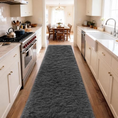 Ophanie Runner Rug for Hallway,2.5x12 Washable Non-Slip Fluffy Soft Bedside Rugs,Bedroom Living Room Shaggy Carpet for Kids Girls Boys Dorm Nursery Decor Aesthetic, Grey with Over 99 pcs Pile fibers - Image 3