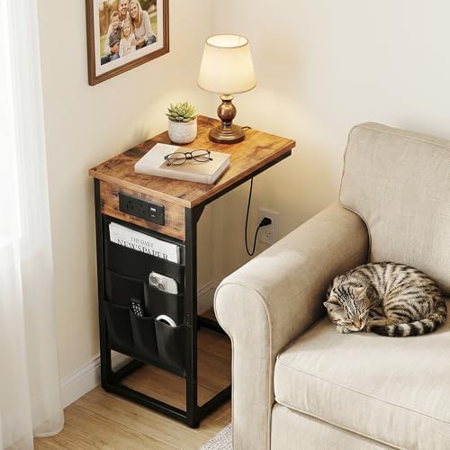 AMHANCIBLE C Shaped End Table with Charging Station, TV Tray - Image 2