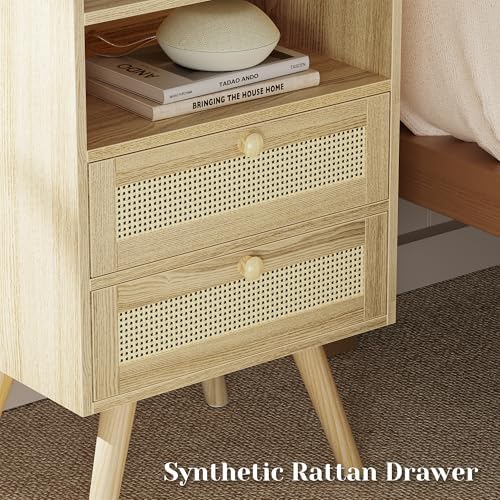SUPERJARE Night Stand with Charger Station, Boho Rattan Nightstand Set of 2 - Image 6