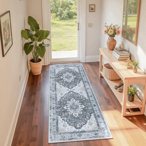 RELEANY Washable Area Rug, Runner 2'x6', Grey/White/Beige - Image 3