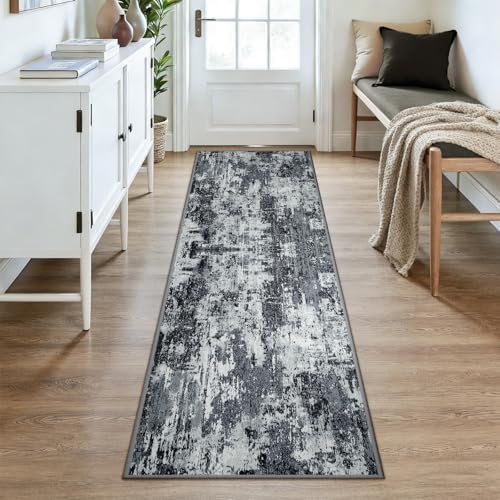 RELEANY Washable Runner 2'6"x8' Abstract Area Rug for Hallway Black White - Image 2