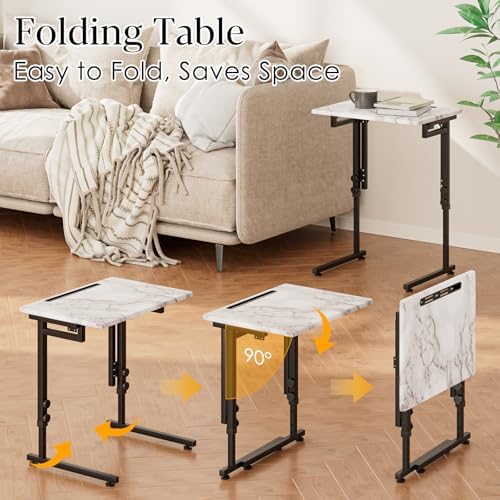 TV Tray, Folding TV Dinner Table, Adjustable Small C-Shaped End Tray for Eating, Foldable Slide Under Couch Side Table for Recliner, Living Room,No Assembly Required(White Marble,2Pcs) - Image 4