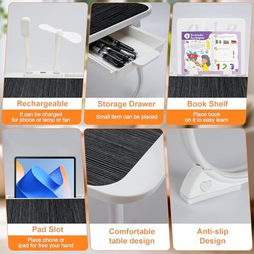 Laptop Desk for Bed, Adjustable Height Laptop Bed Table, Foldable Lap Desk with USB Charge Port, Desktop Card Slot, Side Drawer, Book Shelf, Portable Lap Tray for Eating Reading Working Sofa & Floor - Image 4