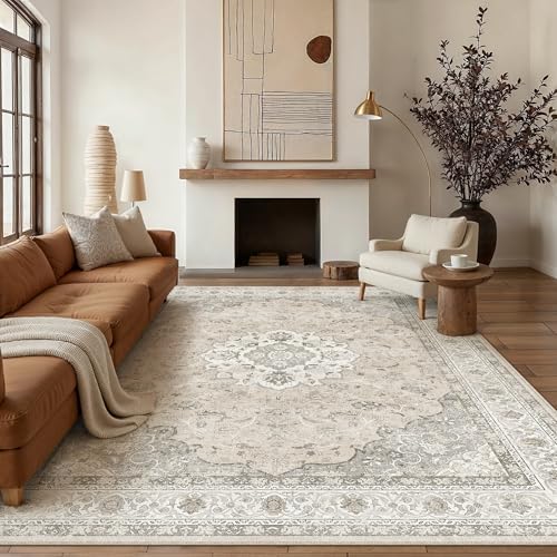 6x9 Washable Area Rug Beige Brown Non Slip Vintage Carpet - Image 3
