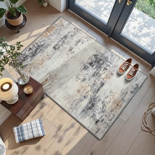 Toneed Washable 2x3 Grey/Brown Area Rug with Non-Slip Backing for Entryway by Toneed