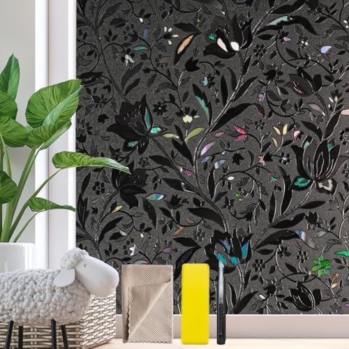 Bloss Window Film, Window Privacy Film Frosted, Vinyl Glass Covering, Stained Glass Decorative Film, Static Window Clings, Non-Adhesive (Black/Tulip, 17.7" x 78.7") by Bloss