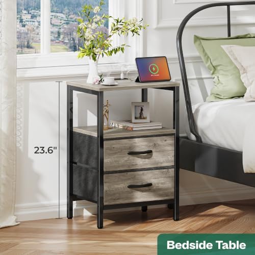 Huuger Nightstand with Charging Station, Side Table with Fabric Drawers - Image 2