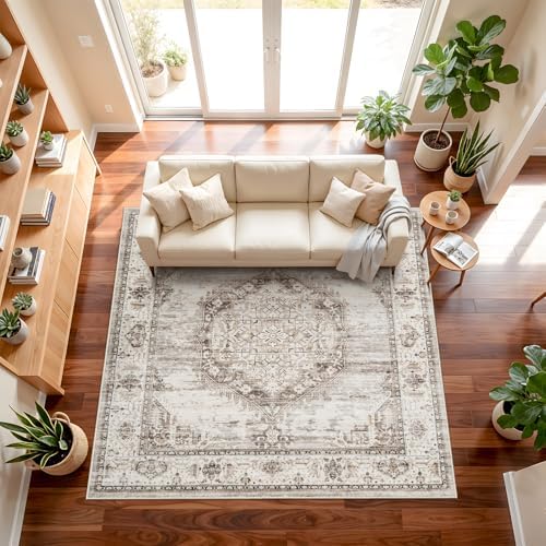 10x10 Square Area Rug: 10ft Square Washable Living Room Rugs Ultra Thin Soft Oriental Non-Slip Backing Farmhouse Rug Low Pile Thin Stain Resistant Indoor Carpets, 10' x 10' Beige - Image 2
