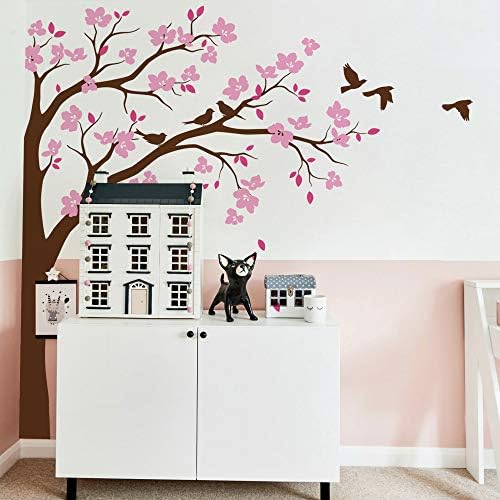 Large Corner Tree Wall Decal with Big Blossoms, Birds and Leaves Nursery Wall Art Sticker Mural 087 (Leaning Right, Brown, Pink, Soft Pink) by StudioQueeWallDecals